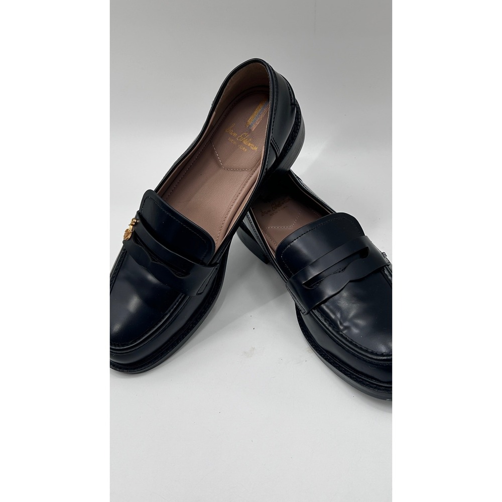 Sam Edelman Loraine Black Leather Penny Loafers Gold Logo Charm Womens Shoes - Picture 8 of 9